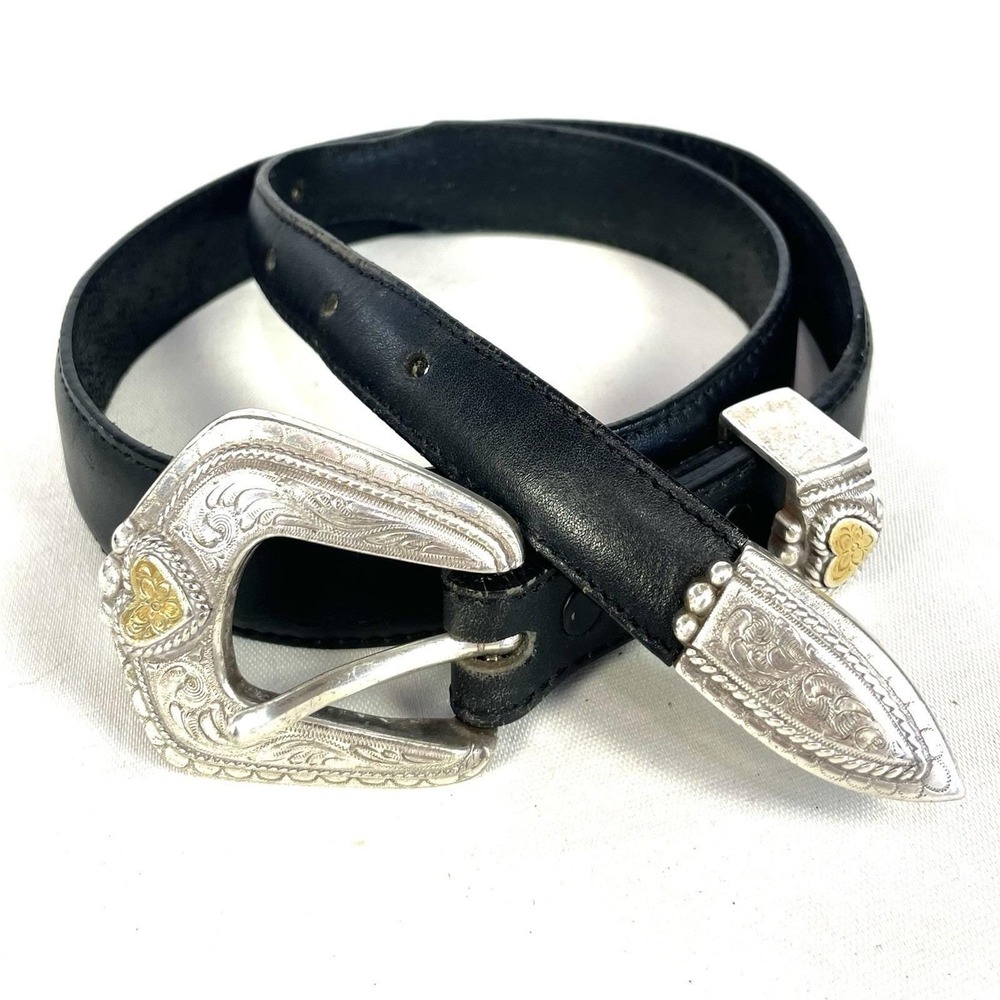 Vintage Tony Lama Western Belt Black Leather Engraved Silver Buckle USA Size 30